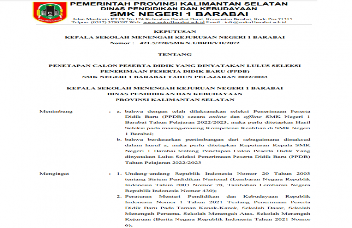 SK PPDB SMKN 1 BARABAI TAHUN PELAJARAN 2022-2023